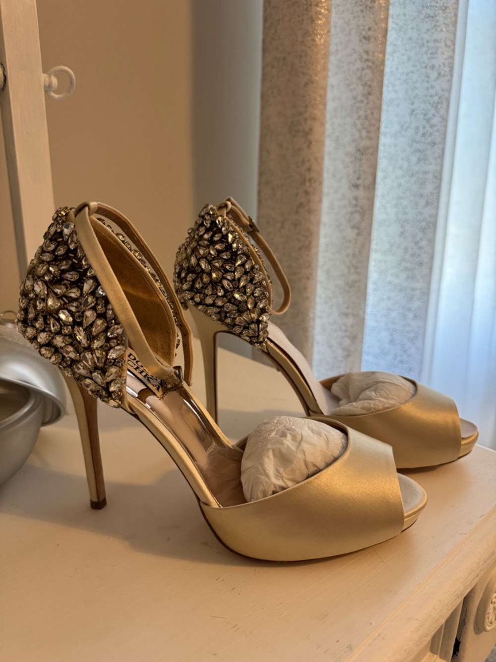 Gold Jeweled Open-Toe Stiletto Heels